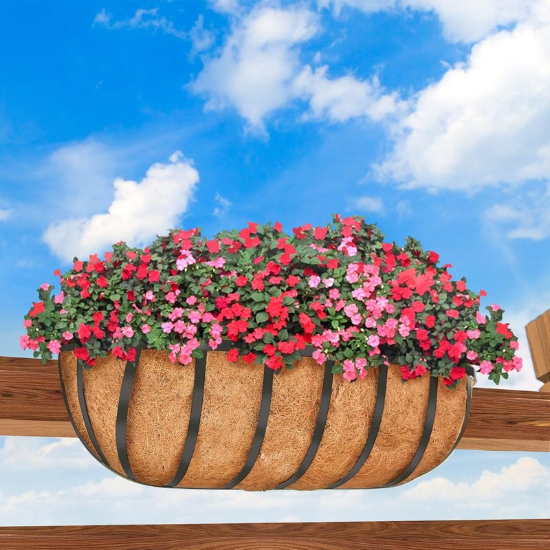 YM 24'' Outdoor Planters, 2 Pack Window Boxes with Coconut Coir Liner, Hanging Flower Planter for Balcony, Porch, Fence, Patio Rail - Image 2